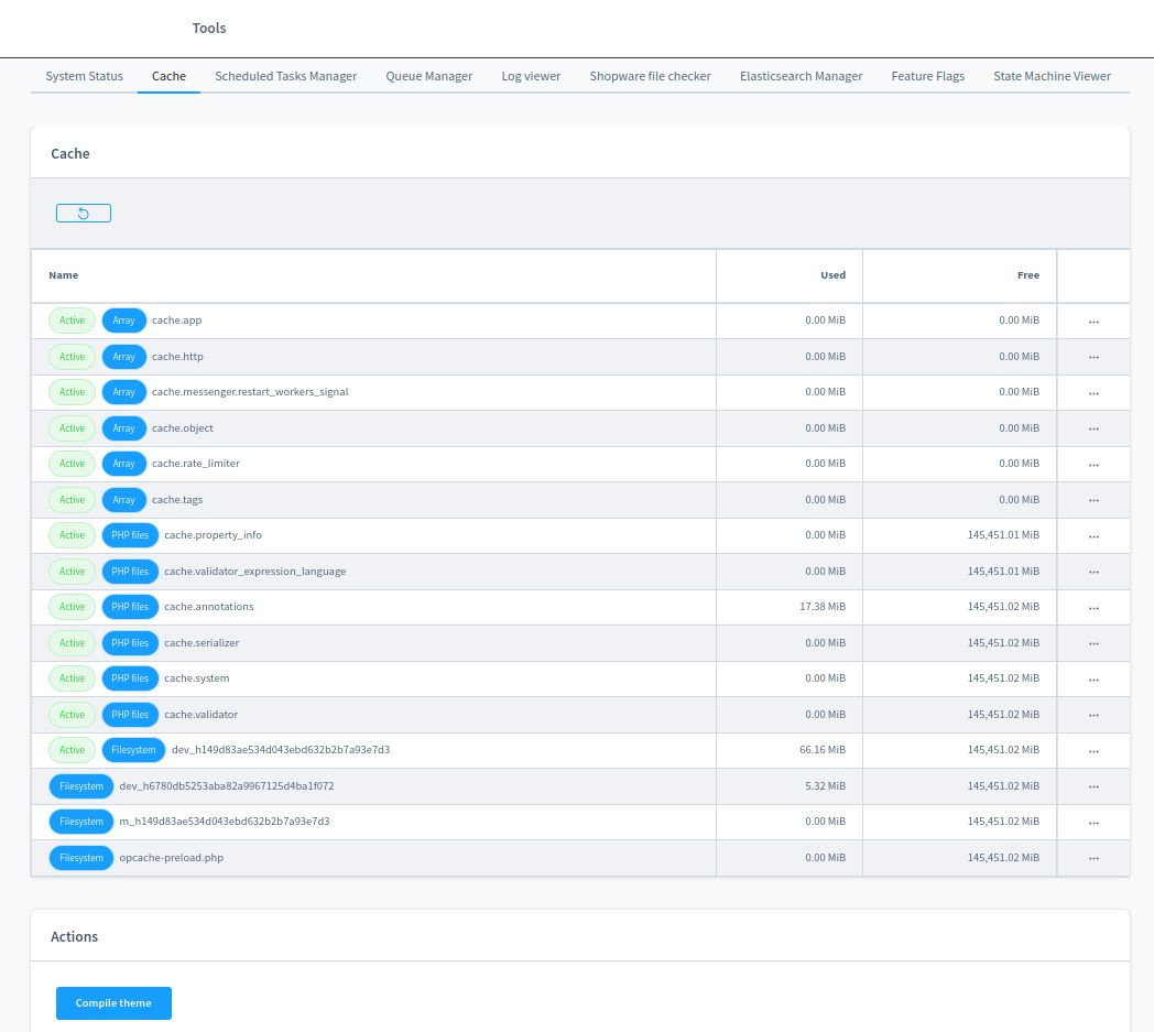 Settings > Extensions > Frosh Tools > Cache